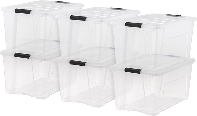 IRIS USA 72 Qt Stackable Plastic Storage Bins with Lids, 6 Pack - BPA-Free, Made in USA - See-Through Organizing Solution, Latches, Durable Nestable Containers, Secure Pull Handle - Clear