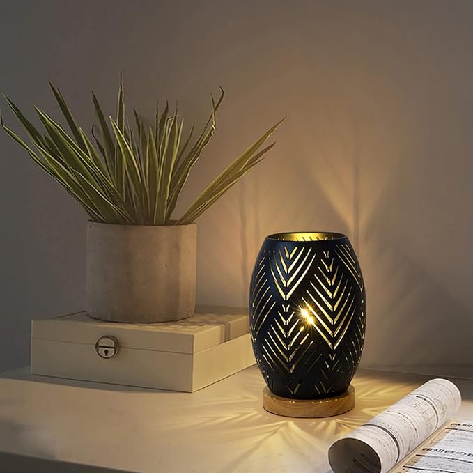 OuXean Bedside Table Lamp, Small Night Light Metal Lampshade and Wood Base