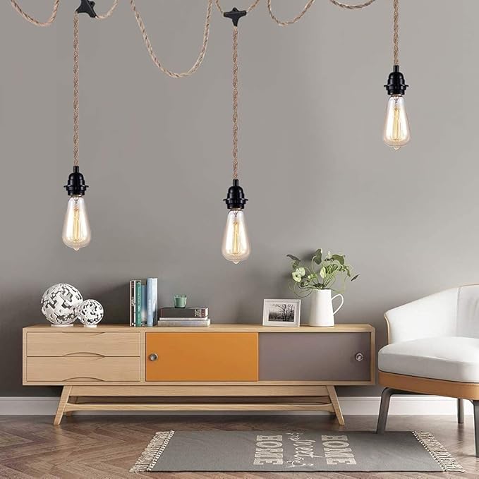 3-Light Hanging Light with Plug in Cord, Plug in Pendant Light 22ft Hemp Rope