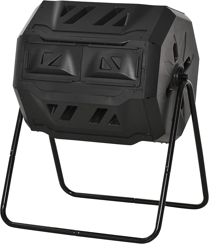 Compost Bin Outdoor, 43 Gallon Dual Chamber Tumbling Composting with Sliding Doors, Large Compost Tumbler, Compost Bin for Garden, Kitchen, and Yard Waste, Black