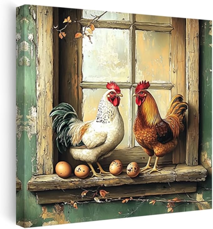 CCWORKERRY Chicken Kitchen Pictures Wall Art Rooster and Eggs Canvas Prints Farm Animals Wall Decor for Farmhouse Dining Room Decor Framed(Brown,28" x 28")