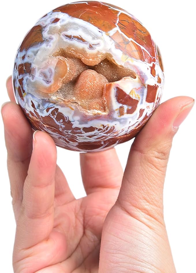 JIC Gem Natural Healing Crystal Sphere Ball Yellow Agate Crystal Decorative Ball with Display Stand Chakra Meditation Fengshui (60-70mm)