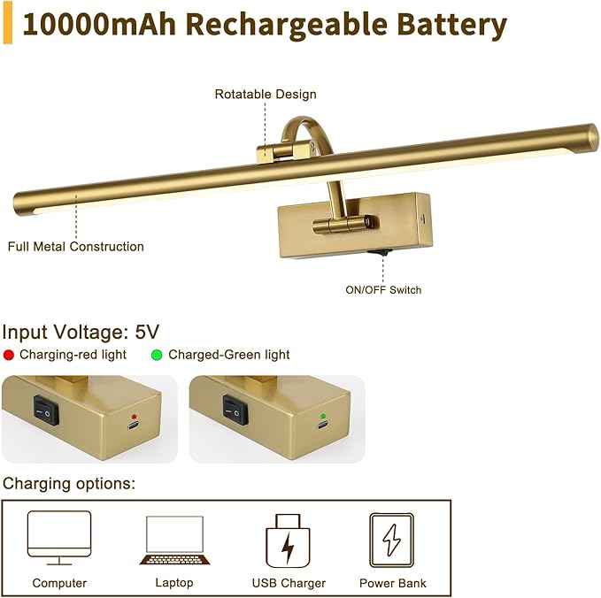 Wireless Picture Lights with Remote and Timer Rechargeable Brass Gallery