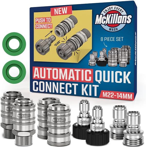 McKillans® 2025 Automatic M22-14mm Pressure Washer Quick Connect Kit - M22 to 3/8 Quick Connect Pressure Washer Fittings - Power Washer Accessories - Hose Adapter Set - 8-Piece Kit (Stainless Steel)