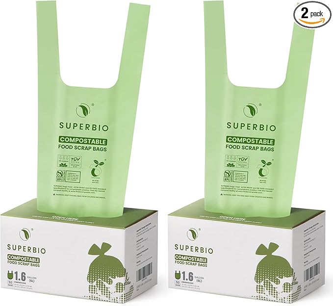 SUPERBIO 1.6 Gallon Handle Tie Compostable Food Scrap Bags, Small Compost Bags with Handles, 50 Count, 2 Pack, BPI & OK compost INDUSTRIAL
