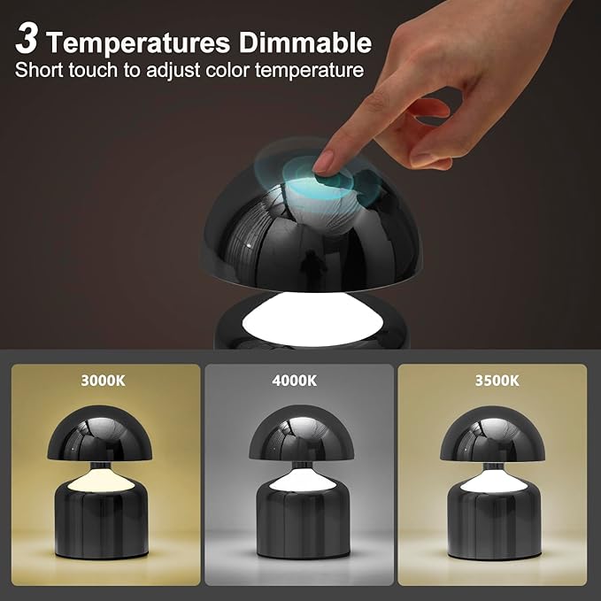 Modern Cordless Mushroom Small Table Lamp Touch LED Lamps, 3-Way Dimmable