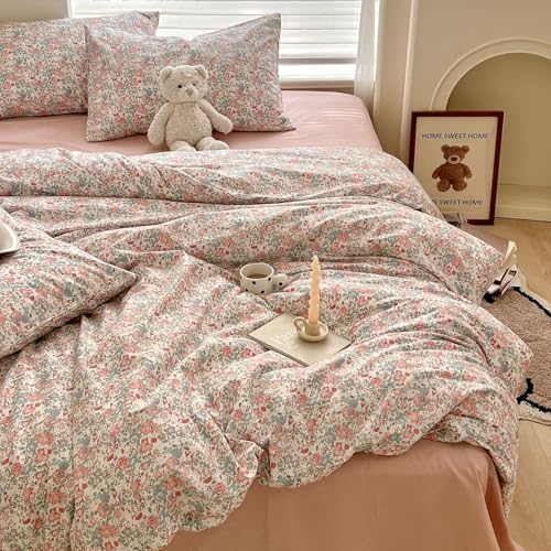 Queen Size Comforter Set Boho Pink Floral Bedding Comforter with 2 Pillowcases Vintage Garden Style Boho Comforter for Queen Bed Cute Flower Bedding Fluffy Cottagecore Botanical Comforter Set
