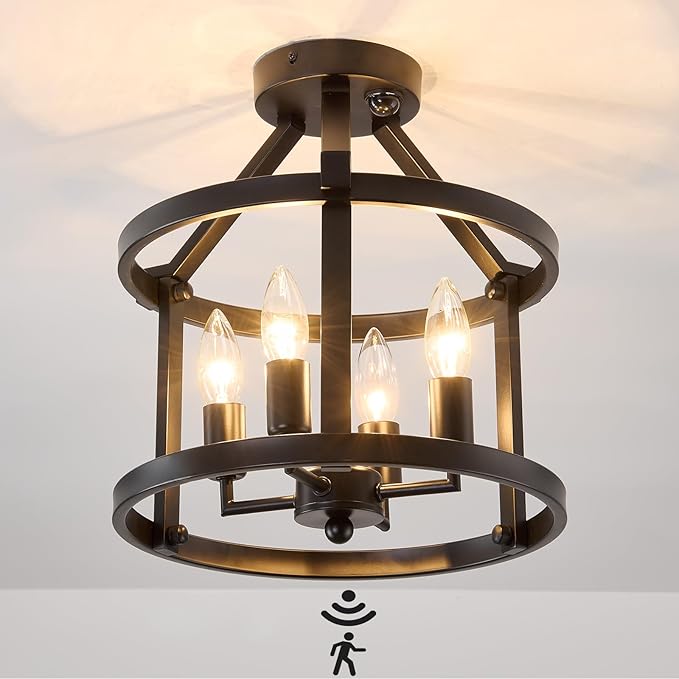 UOFUS Indoor Motion Sensor Ceiling Light Fixture Black Semi Flush Mount