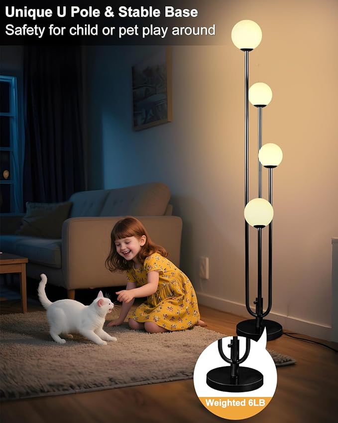 63IN 4-Light Dimmable Floor Lamp, Unique Black Tall Standing Lamps