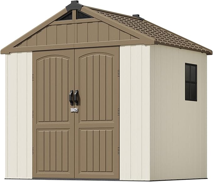 Patiowell 8 x 6 FT Plastic Outdoor Storage Shed with Floor, Resin Shed with Window and Lockable Door for Garden, Backyard, Tool Storage Use, Easy to Install in Brown (Kick-it Shed)