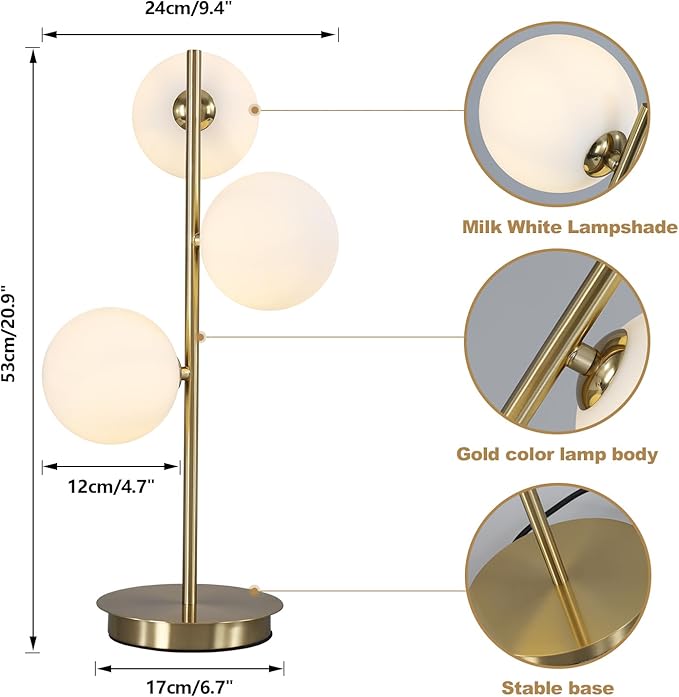 3 Lights Brass Metal Bedside Lamp, Mid Century Globe Table Light, G9 Base