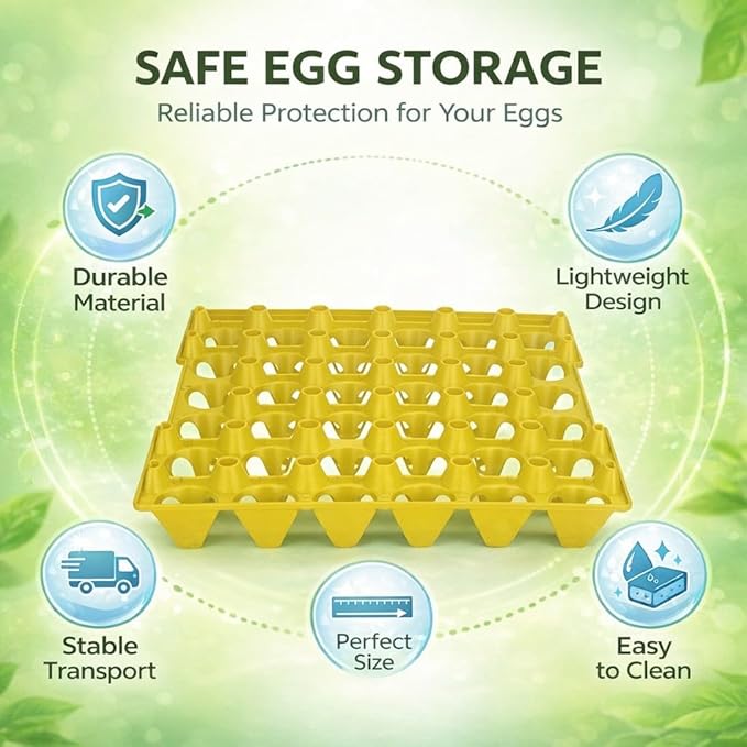 30 Cell Plastic Egg Flats, 5PCS Egg Crates Holder Tray for Storage and Transportation, Durable Reusable Design - Stackable, Space Saving, Ideal for Home and Farm Use (Yellow)