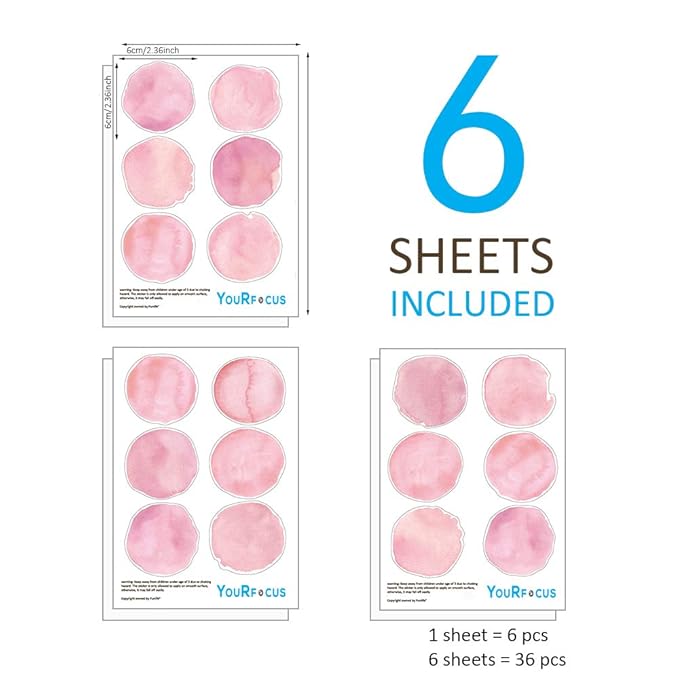 Pink Polka Dot Wall Decals 36pcs Watercolor Dots Wall Sticker for Kids, Baby Girls, Teens, and Nursery Room (6 Sheets) - Each Dot: 2.36 x 2.36 inch