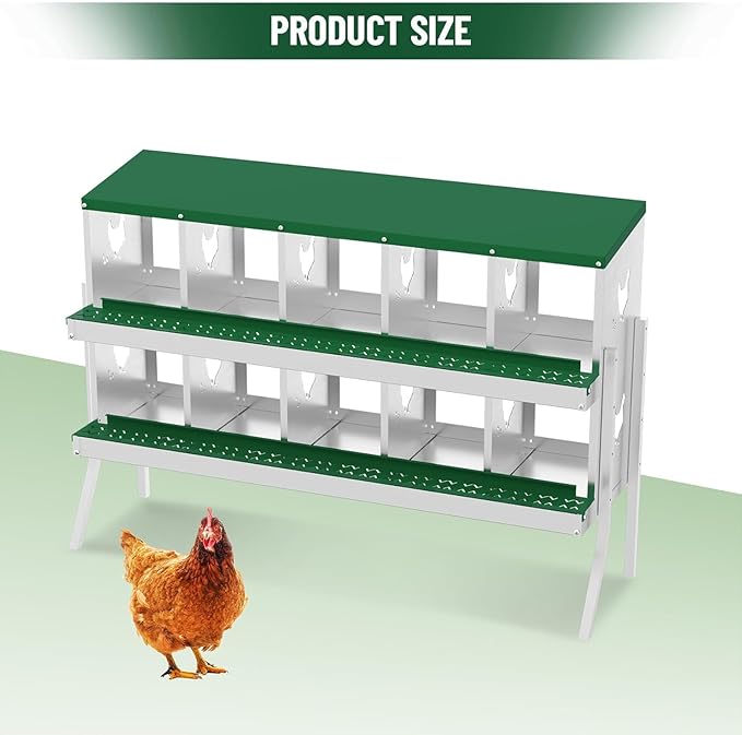 Chicken Nesting Box, Heavy-Duty Metal Chickens Laying Boxes with 10 Compartments, Large Vented Holes Hens Laying Box, Chicken Coop with Rollout Egg Collection, Bracket Legs - Green