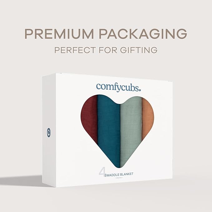 Comfy Cubs Muslin Swaddle Blankets Pack of 4, 47 x 47 Inches, Soft Cotton Baby Blanket Set, Large Multipurpose Swaddling Wraps for Newborns - Self-Soothing Swaddle - Wine, Neptune, Fern, Caramel