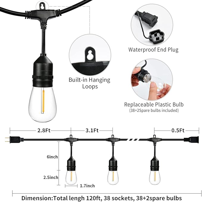 120 FT Outdoor String Lights LED Waterproof
