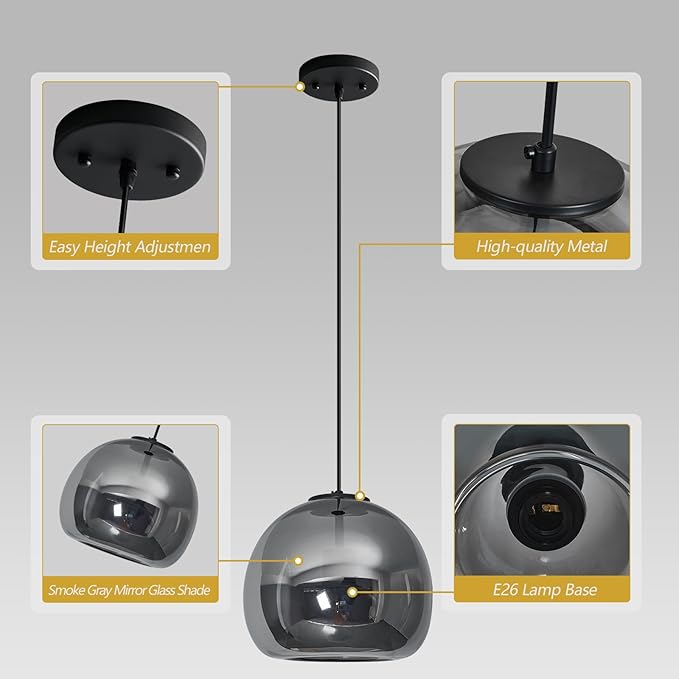1-Light Mirror Gray Glass Pendant Lights Kitchen Island Black Hanging Light