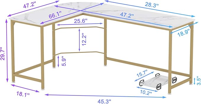 Teraves Reversible L Shaped Desk White - 66.1" Corner Gaming Computer Desk, Office Workstation Modern Home Study Writing Table, Marble Gold