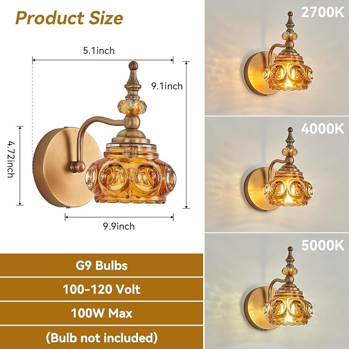 Vintage 2-Pack Wall Sconces Amber Rose Wall Lights Bathroom Vanity Lighting
