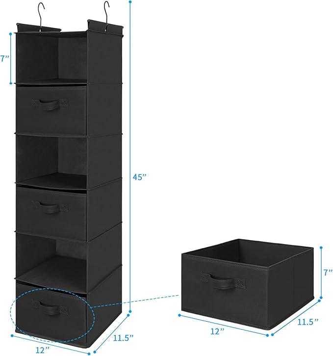 MAX Houser 6 Tier Shelf Hanging Closet Organizer, Closet Hanging Shelf with 2 Sturdy Hooks for Storage, Foldable (Black-D3)