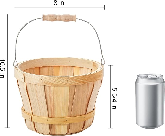 Okllen 2 Pack Round Wooden Baskets with Handle, Empty Wood Fruit Buckets, Easter Basket Fall Harvest Basket for Display Fruits Vegetables, Home Garden and Party Supplies, Natural Color