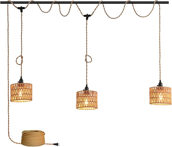 3-Light Hanging Light with Plug in Cord, Plug in Pendant Light 22ft Hemp Rope