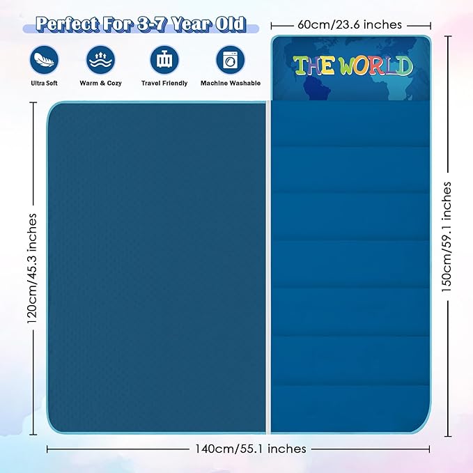 Toddler Nap Mat Kids Sleeping Bag 59"×24", Soft Slumber Bag with Removable Pillow and Blanket for Kids Girls Boys,Roll Up Sleeping Mat Thick for Camping,Daycare, Kindergarden