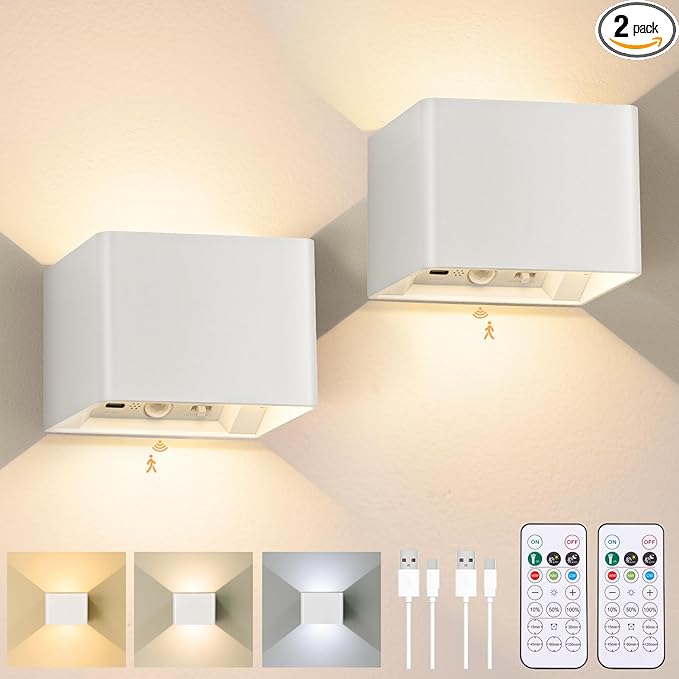Motion Sensor Wall Light Indoor Set of 2, 6000mAh Wireless Rechargeable Battery