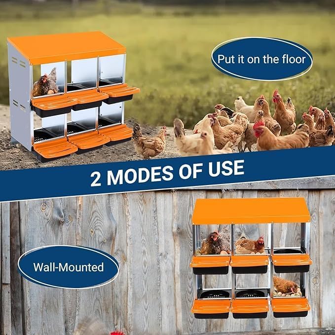 [6-Pack] Chicken Nesting Boxes for Hens - Galvanized Steel Wall Mount or Freestanding Chicken Nest, Removable Plastic Egg Tray & Ventilation Holes - Poultry Nesting Boxes for Egg Laying (Orange)