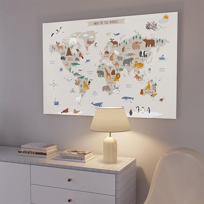 KIPNG Kids World Map - Playroom Animal World Map - Nursery Educational Poster Canvas Poster Wall Art Picture Paintings for Living Room Bedroom Decoration Frame-style16x24inch(40x60cm)