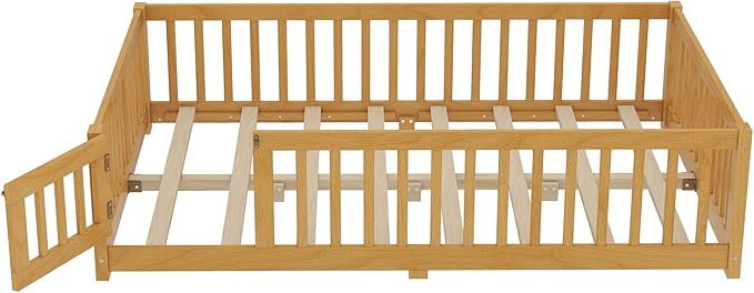 Harper & Bright Designs Full Floor Bed with Safety High Fence, Wood Montessori Bed with Door, Full Size Floor Beds with Solid Wood Support Slats for Boys, Girls, Kids, Natural