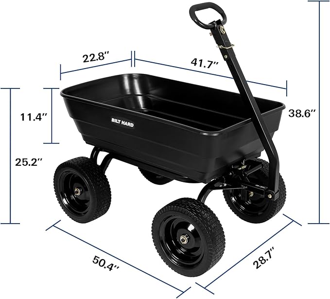 BILT HARD 7 Cu Ft Poly Garden Dump Cart 1200 lbs with No Flat Tires, Quick Release, 2-in-1 Convertible Handle, Dump Wagon Heavy Duty for Yard, Outdoor