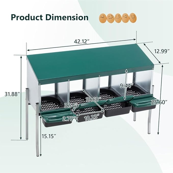 4-Compartment Chicken Nesting Box with Roll-Away Egg Tray – Galvanized Steel Wall-Mount or Freestanding Hen Laying Box with Legs, Easy-Clean Tray – Durable Nest Box for Chickens, Ducks, Hens