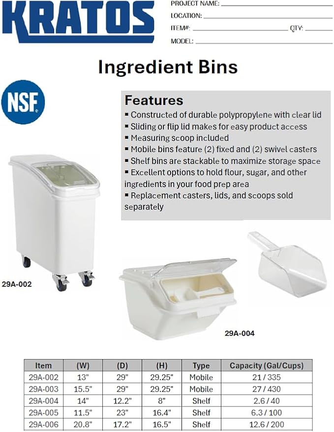 Ingredient Bin - 2.6 Gallon/40 Cup Capacity - Holds Up To 18 lbs. of Sugar or 12 lbs. of Flour - NSF (29A-004)