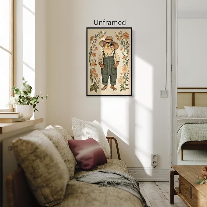 Nursery Animal Canvas Wall Art, Toad In Overalls Poster, Rustic Frog and Wild Flowers Painting, Cozy Folk Art Print, Farmhouse Animal Botanical Floral Painting for Kids Room 16x24in Wrapped Canvas