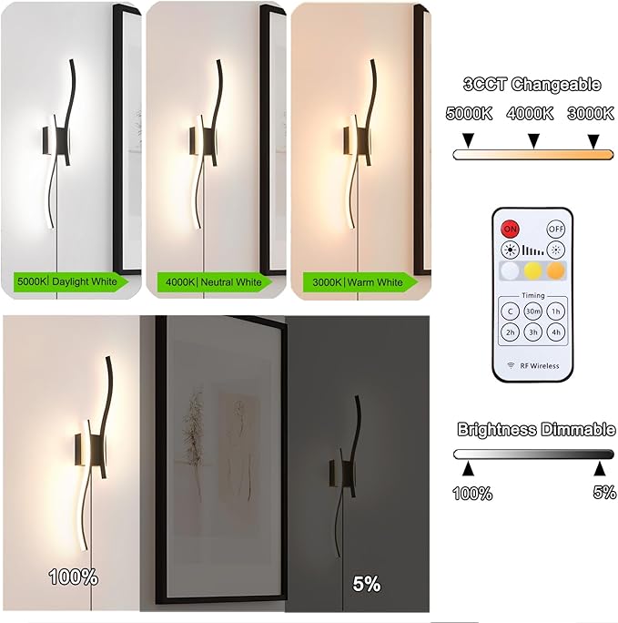 Modern Plug in Wall Sconce Set of 2, 3CCT Adjustable & Memory Function