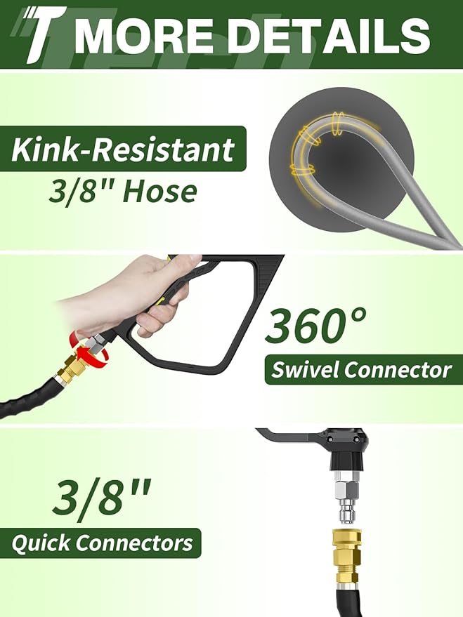 3/8" 4800PSI Pressure Washer Hose 200FT with Swivel Quick Connect for Cold/Hot Water Max 248°F, Kink Resistant Steel Wire Braided, Wear Resistant Power Washer Hose with M22 14mm Adapter