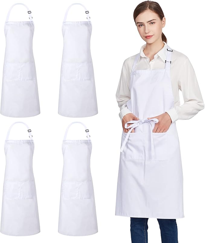 Jubatus 4 Pack 100% Cotton Aprons with 2 Pockets Cooking Chef Kitchen Adjustable Bib Apron for Women Men, White