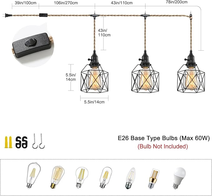 3-Light Hanging Light with Plug in Cord, Plug in Pendant Light 22ft Hemp Rope