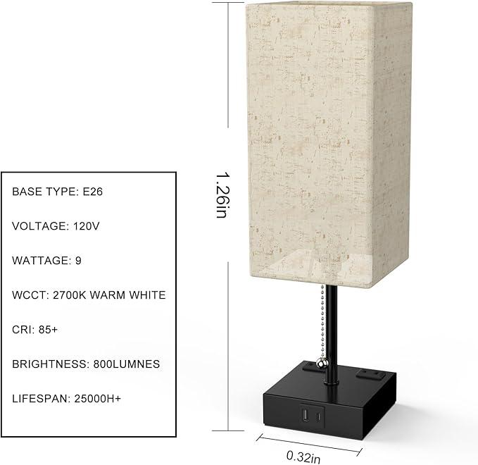 Table Lamp for Bedroom with USB, Bedside Lamp with USB C+A Charging Ports