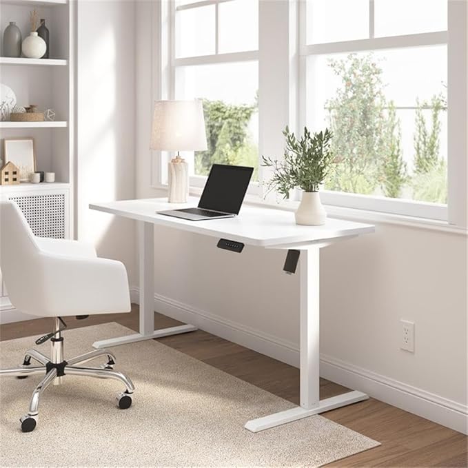 Bush Furniture Energize 55W x 24D Electric Height Adjustable Standing Desk in Basic White, Ergonomic Sit-Stand Computer Table for Home Office