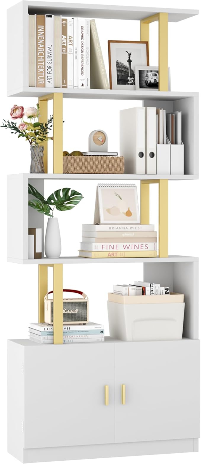 Yusong Geometric Bookcase with Cabinet, S Shaped Bookshelf 5-Tier Book Shelves for Bedroom, Modern Wood Decorative Display Shelf Tall Book Case for Home Office, Gold and White
