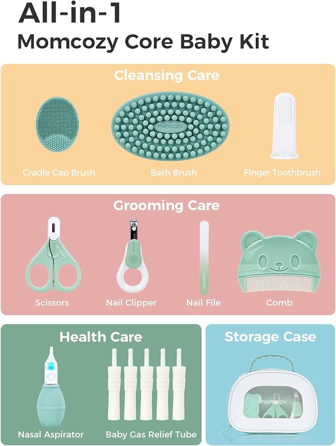 Momcozy Core Baby Kit, Baby Shower & Registry Essential Kit for Grooming&Health&Cleansing Care, Includes Nail File Kits, Nasal Aspirator, Gas Relief Tubes, Bath Brushes, Toothbrush, Comb, Storage Case