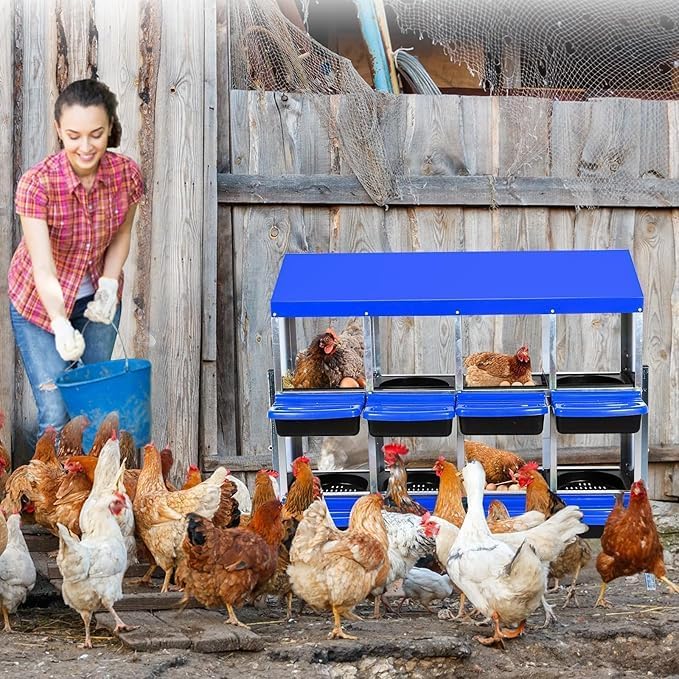 Chicken Nesting Box, 8-Compartment Egg Laying Box, Convenient for Collecting Eggs, Ventilated Poultry House Equipment in Metal Chicken Coop, Suitable for Hens and Ducks, (Blue, with Stand)