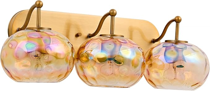 23" Brushed Gold Vanity Light Stained Amber Hammered Glass Wall Sconce 3-Light