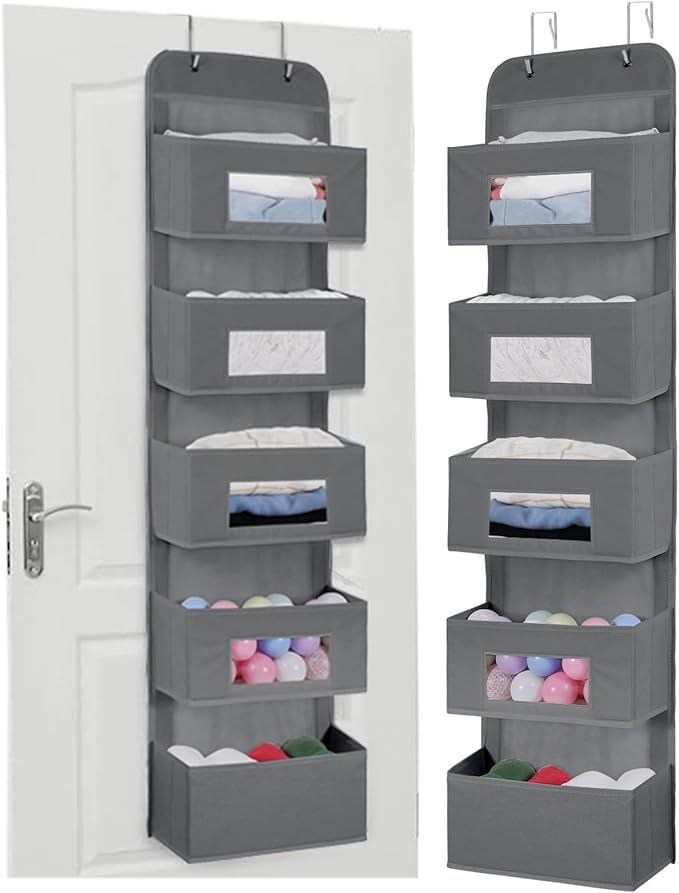 MAX Houser 5-Shelf Over The Door Hanging Organizer with 2 Metal Hooks, 5 Pocket Over The Door Wall Mount Storage with Clear Windows for Baby Nursery Bathroom Closet,Bedroom,Dorm,Diapers,Kids Toy(Gray)