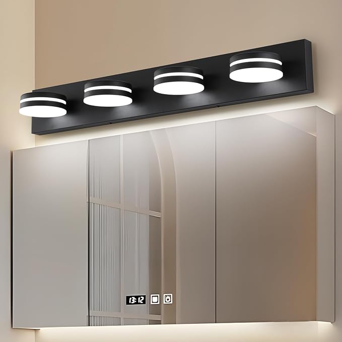 4-Light Bathroom Vanity Light, Matte Black Bathroom Light Fixtures Over Mirror