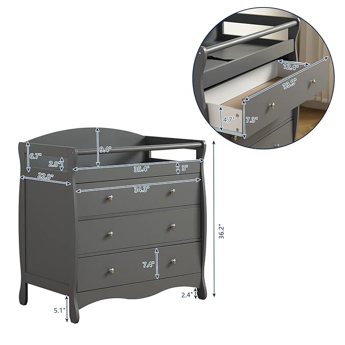 Karl home Changing Table Dresser Baby Diaper Changing Station Infant Nursing Table with 3 Drawers, Safety Rail & Strap for Bedroom, Nursery, Gray