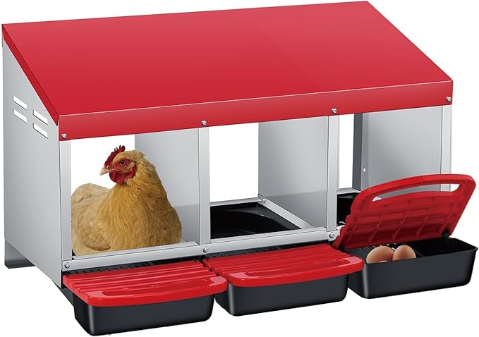 Chicken Nesting Boxes, Metal Rollaway Chicken Nest Box with Rollout Egg Collection, Removable Tray & Nesting Pads, Egg Laying Box for Chicken Coop Hens, Wall Mount or Standing, 3 Compartments, Red