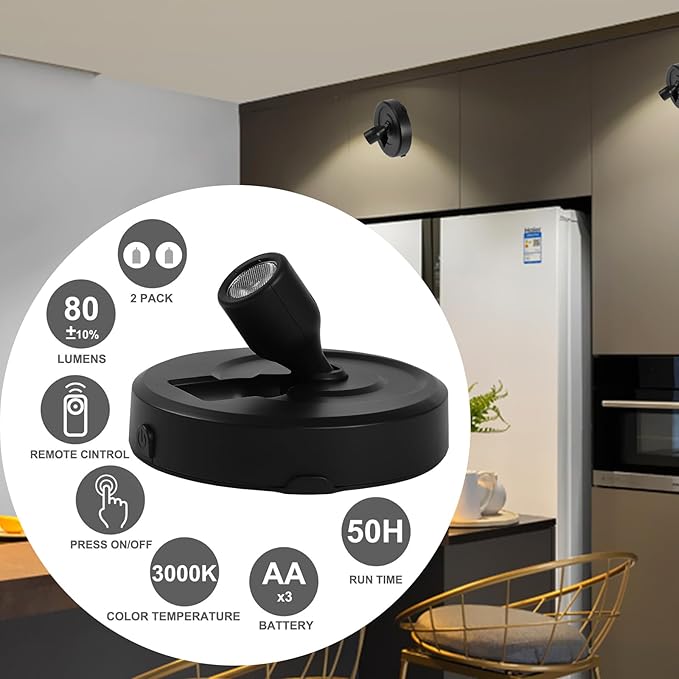 2-Pack Cordless Spotlight Battery Operated Picture Lights, LED Display Puck